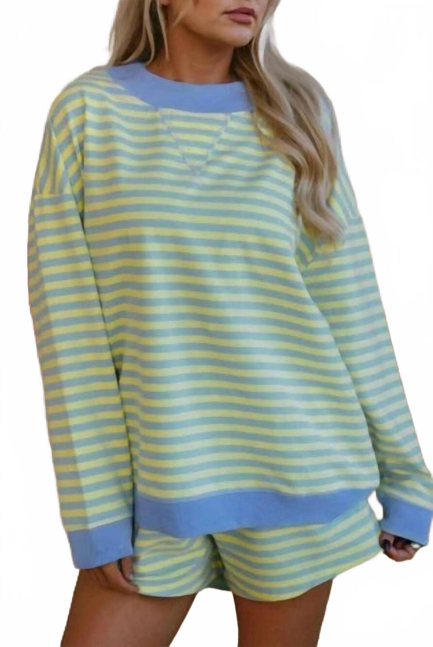 NEW SHEWIN stripe colorblock pullover and shorts set in blue/yellow